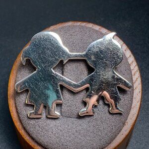 VTG Sterling Silver 925 Siblings Boy Girl Mother's Mom Brooch Size 1.25"